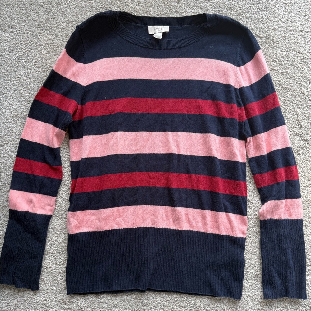 LOFT Crewneck Sweater in Navy, Pink, and Red Stripes Size M